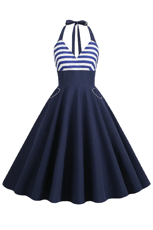 Halter Stripe Blue Swing Retro Dress With Pockets