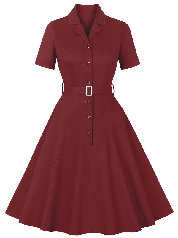 Wine Red 1950s Solid Lapel Belted Dress