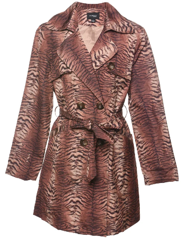 Double-Breasted Tiger Print Trench Coat - L