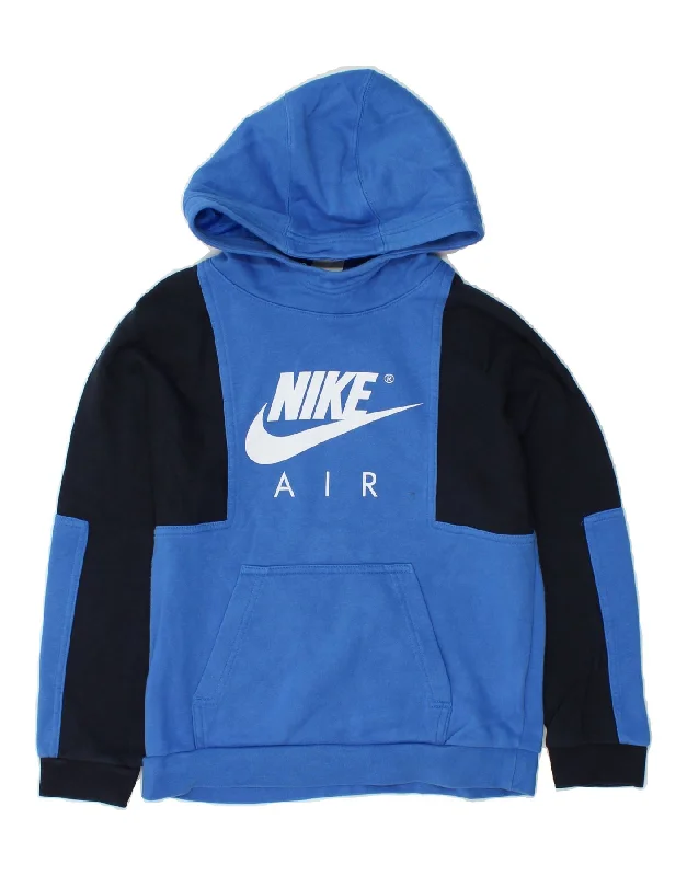 NIKE Boys Graphic Hoodie Jumper 10-11 Years Medium Blue Colourblock Cotton