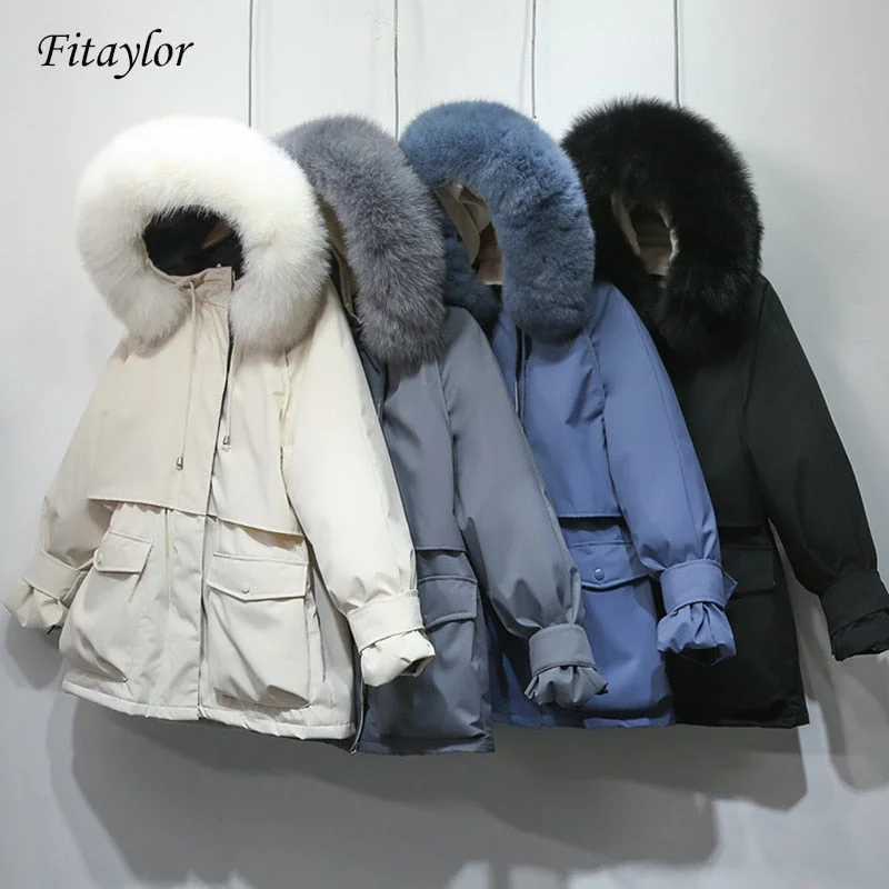 Fitaylor Winter Jacket Women Large Natural Fox Fur White Duck Down Coat Thick Parkas Warm Sash Tie Up Zipper Down Snow Outerwear