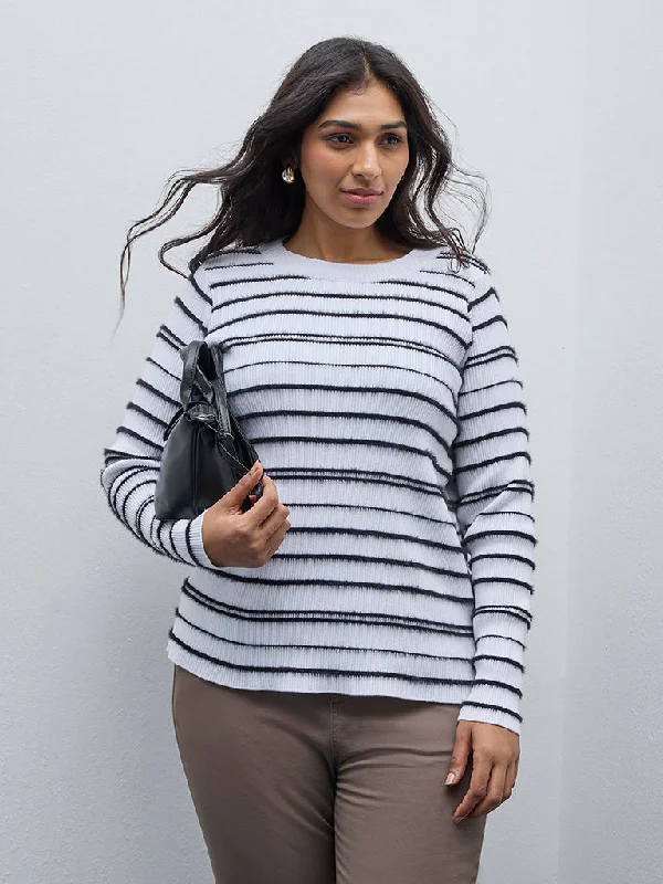 Gia White Striped Cotton Blend Sweater