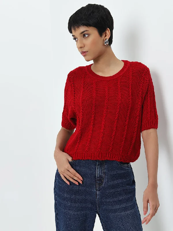 LOV Red Knit-Textured Top